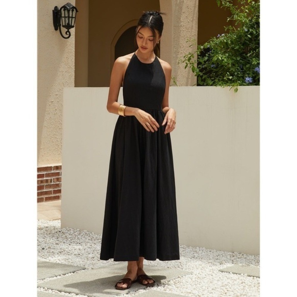 COMMENSE Solid Halter Black Cotton Linen Backless Maxi Dress Size M NWT - Picture 3 of 6